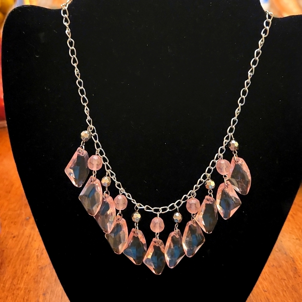 Fashion Necklace, light pink stones, with silver chain and lobster claw clasp.